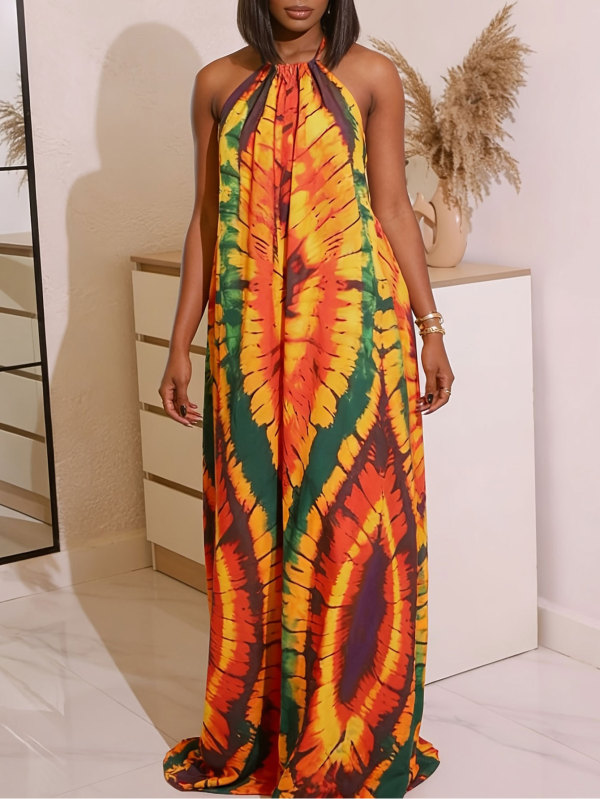SC Print Halterneck Backless Loose Maxi Dress HNIF-YY037
