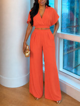 SC Solid Color Lapel V Neck Two Piece Pants Set HNIF-MC038