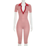SC Stripe Print Lapel Seventh Jumpsuit MXBF-D26JP197