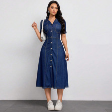 SC Plus Size Single Breasted Button Short Sleeve Denim Maxi Dress GDAM-218820