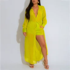 SC Solid Color Split Long Shirt Two Piece Shorts Set QYMF-GY081
