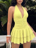 SC Solid Color V Neck Ruffles Mini Dress HNIF-ZM030
