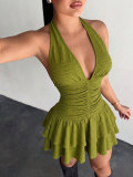 SC Solid Color V Neck Ruffles Mini Dress HNIF-ZM030