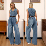 SC Sleeveless Denim Wide Leg Jumpsuit(Without Belt) LX-8613