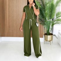 SC Zipper Short Sleeve Top Two Piece Pants Set HNIF-GY326