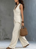 SC V Neck Sleeveless Top Wide Leg Pants 2 Piece Set GWDS-260509