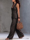 SC V Neck Sleeveless Top Wide Leg Pants 2 Piece Set GWDS-260509