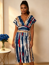 SC Plus Size Print Deep V Neck Midi Dress QMZF-18612