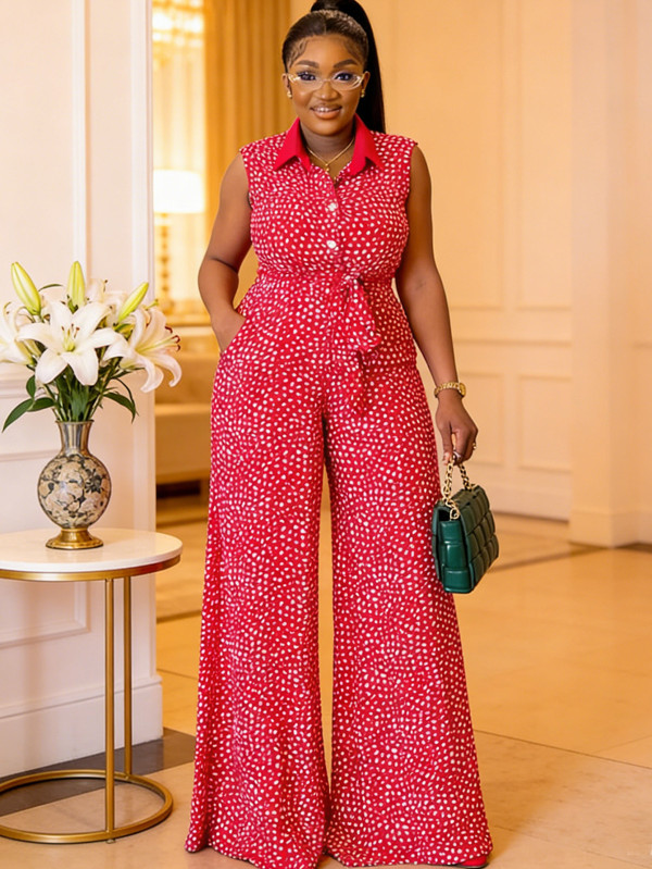 SC Polka Dot Print Sleeveless Tie Up Jumpsuit QMZF-11221