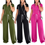 SC Zipper Short Sleeve Top Two Piece Pants Set HNIF-GY326