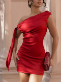 SC Slash Shoulder Solid Color Mini Dress HNIF-TY030