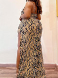 SC Plus Size Zebra Print Sling Split Maxi Dress QMZF-1883