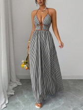 SC Stripe V Neck Sexy Sling Maxi Dress GSRX-857