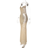 SC Mesh Patchwork Backless Sling Maxi Dress LJSF-D6521681X