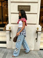 SC Plus Size Plaid Patchwork Embroidered Puppy Jeans GYLN-2956