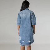 SC Hole Tassel Short Sleeve Denim Midi Dress GDAM-219006