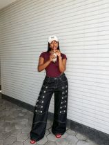 SC Plus Size Metal-Studded Washed Loose Jeans GYLN-0338