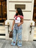 SC Plus Size Plaid Patchwork Embroidered Puppy Jeans GYLN-2956