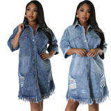 SC Hole Tassel Short Sleeve Denim Midi Dress GDAM-219006