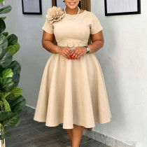 SC Plus Size Solid-Color Floral Decorations Midi Dress GATE-636
