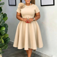 SC Plus Size Solid-Color Floral Decorations Midi Dress GATE-636
