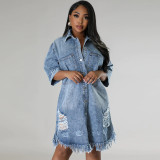 SC Hole Tassel Short Sleeve Denim Midi Dress GDAM-219006