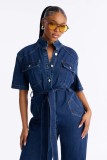 SC Loose Short Sleeve Denim Belt Jumpsuit LX-3592