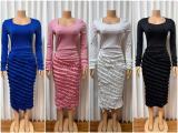 SC U Neck Long Sleeve Ruched Maxi Dress GMYU-11313