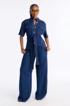 SC Loose Short Sleeve Denim Belt Jumpsuit LX-3592