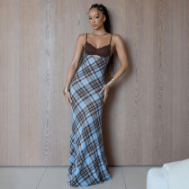 SC Plaid Patchwork Sling Backless Maxi Dress GPKJ-MR49476