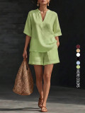 SC Loose V Neck Solid Color Two Piece Shorts Set GSRX-935