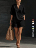 SC Loose V Neck Solid Color Two Piece Shorts Set GSRX-935
