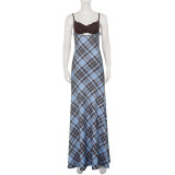 SC Plaid Patchwork Sling Backless Maxi Dress GPKJ-MR49476