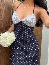SC Polka Dot Print Lace Backless Maxi Dress GSRX-923