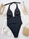 SC Solid Color Deep V Neck One Piece Swimsuit CSYZ-D651Q