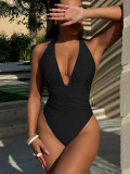 SC Solid Color Deep V Neck One Piece Swimsuit CSYZ-D651Q