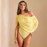 SC Solid Color Ruched Slash Shoulder Bodysuit SHD-9994
