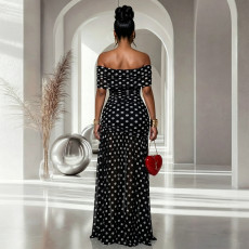 SC Polka Dot Print Off Shoulder Split Maxi Dress BY-7743