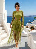 SC Hollow Out Long Sleeve Tassel Maxi Dress ZSD-0356