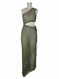 SC Slash Shoulder Hollow Out Tassel Maxi Dress ZSD-0357