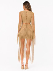 SC Hollow Out Long Sleeve Tassel Maxi Dress ZSD-0356