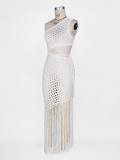 SC Slash Shoulder Hollow Out Tassel Maxi Dress ZSD-0357