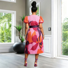 SC Print Puff Sleeveless Press Pleated Maix Dress(Without Belt) YF-11064