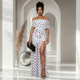SC Polka Dot Print Off Shoulder Split Maxi Dress BY-7743