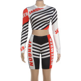 SC Letter Print Long Sleeve Two PIece Shorts Set GZJQ-K6S11051A