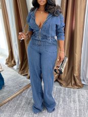SC Fashion Denim Zipper Hooded Jumpsuit AIL-360
