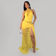 SC Lace Patchwork Halterneck Split Maxi Dress GDSF-D26DS201
