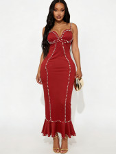 SC V Neck Beaded Shoulder Strap Maxi Dress GADE-10248