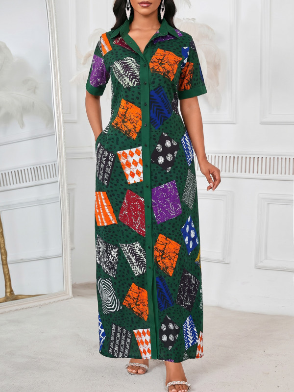 SC Loose Print Short Sleeve Shirt Dress GYLY-11276