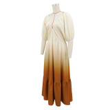 SC V Neck Puff Sleeve Gradient-Color Maxi Dress GYLY-11265